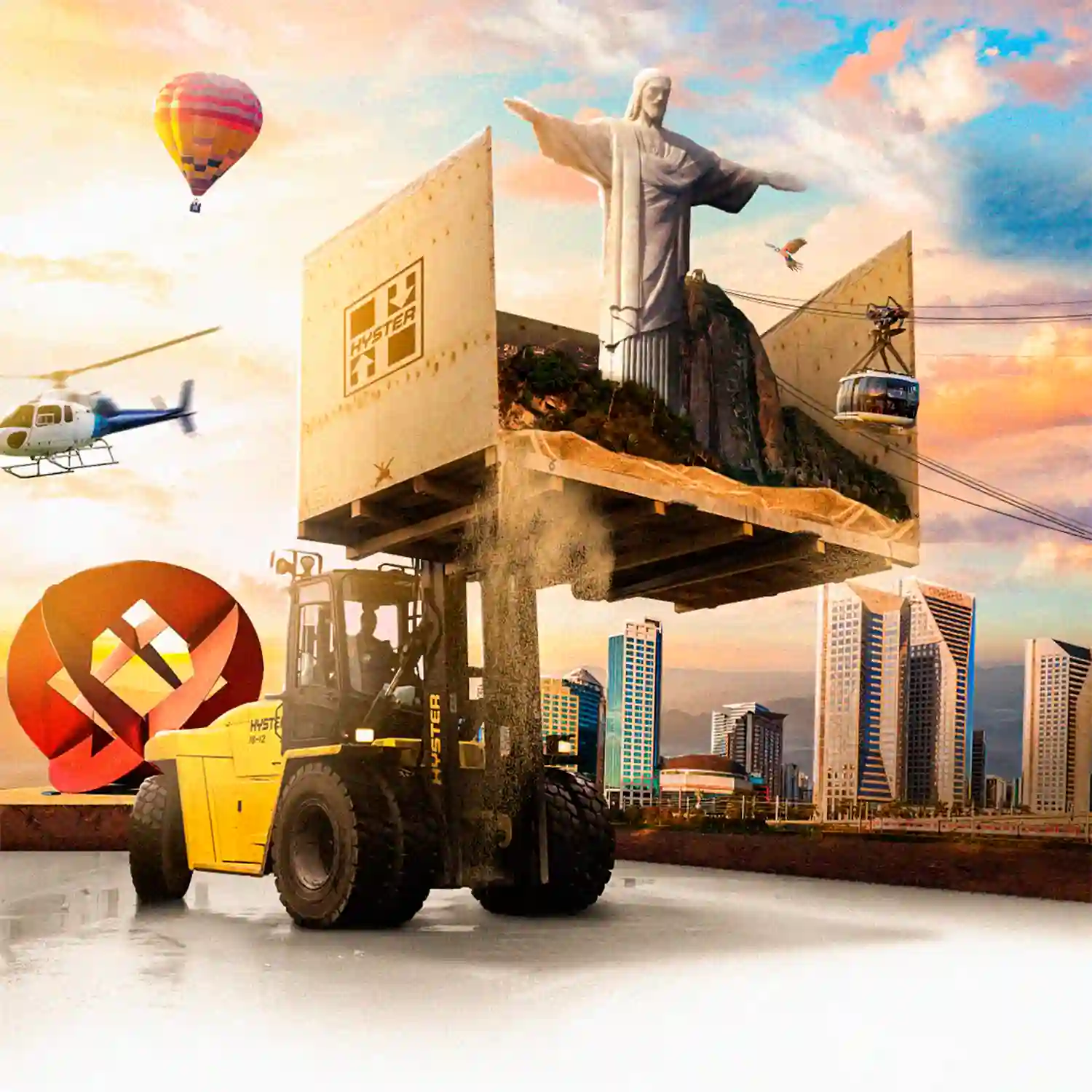 Peça de social media da Hyster: montagem de empilhadeira com o Cristo Redentor e o skyline do Rio de Janeiro ao fundo