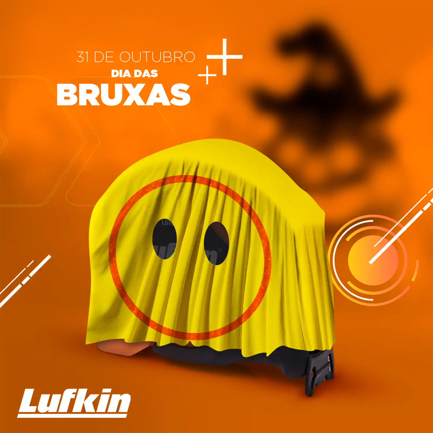 Peça de social media da Lufkin para o Dia das Bruxas, com uma trena coberta por um lençol de fantasma