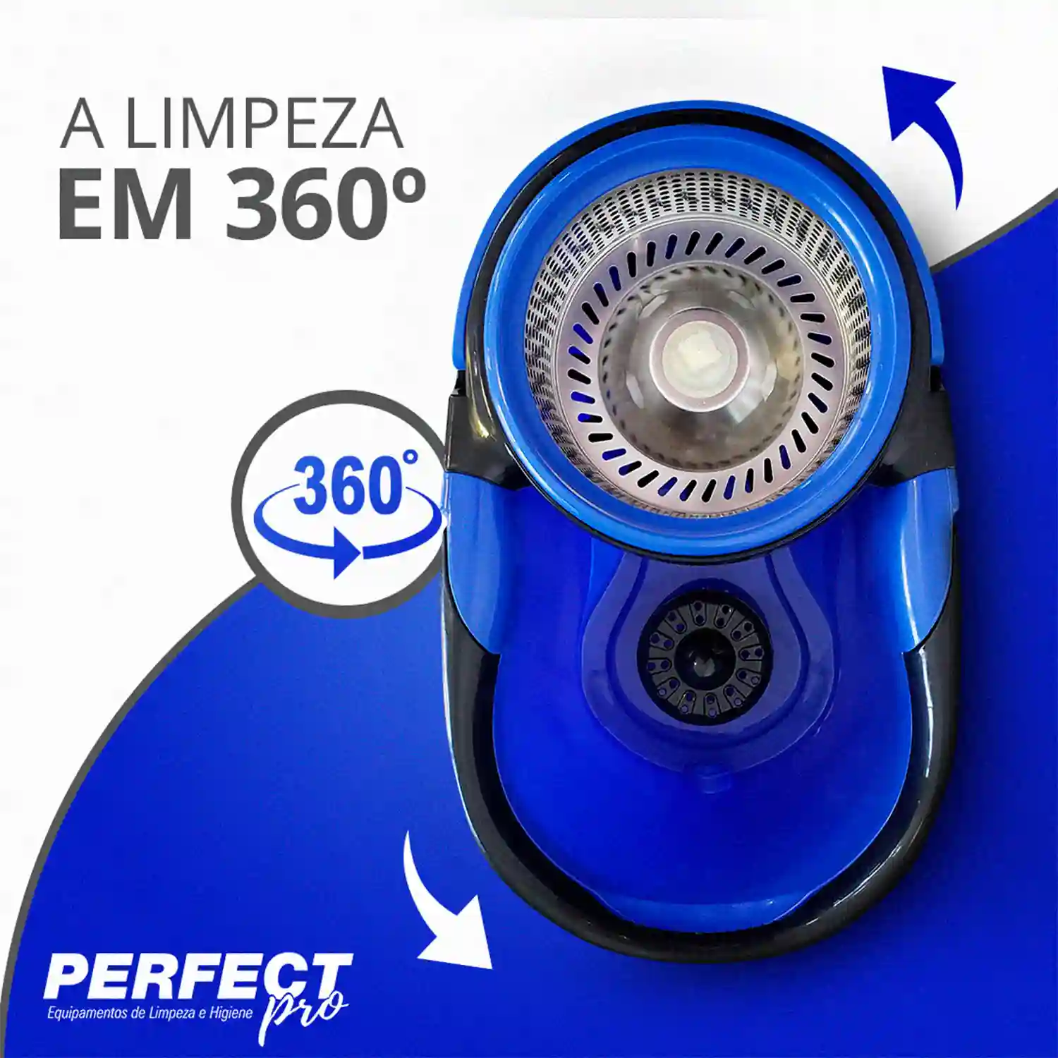 Peça de social media da Perfect Pro sobre limpeza em 360°, com close do balde giratório do mop
