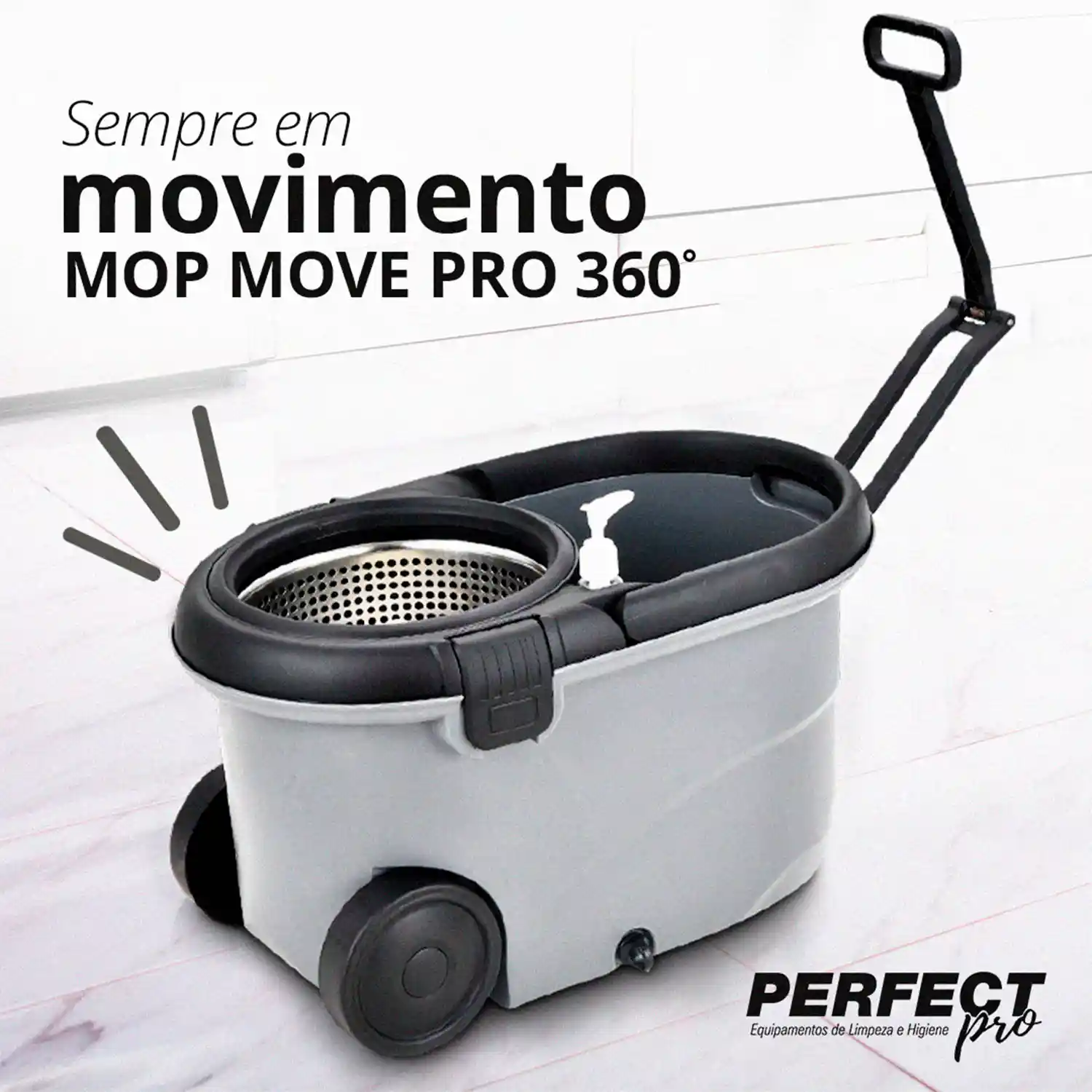 Peça de social media da Perfect Pro apresentando o Mop Move Pro 360°, com o mote 