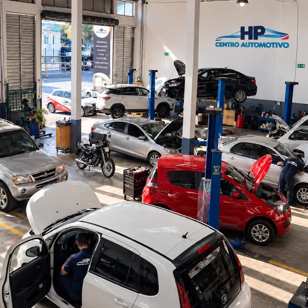 Oficina mecânica da HP Centro Automotivo com carros nos elevadores