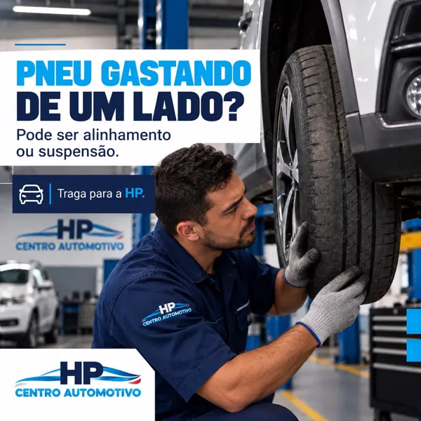 Post para oficina mecânica sobre pneu gastando de um lado: alinhamento e suspensão na HP Centro Automotivo